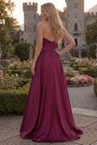 Burgundy Strapless A Line Satin Long Prom Dress