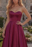 Burgundy Strapless A Line Satin Long Prom Dress