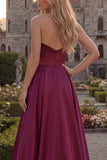 Burgundy Strapless A Line Satin Long Prom Dress
