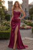 Sweetheart Burgundy Mermaid Ruched Long Prom Dress with Slit