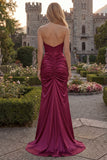 Sweetheart Burgundy Mermaid Ruched Long Prom Dress with Slit