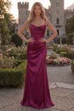 Burgundy Mermaid Spaghetti Straps Satin Long Prom Dress