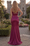 Burgundy Mermaid Spaghetti Straps Satin Long Prom Dress