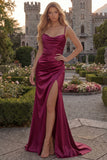Burgundy Mermaid Spaghetti Straps Satin Long Prom Dress