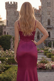 Burgundy Mermaid Spaghetti Straps Satin Long Prom Dress