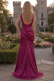 Burgundy V Neck Mermaid Ruched Long Prom Dress with Slit