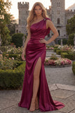 Burgundy One Shoulder Mermaid Ruched Long Prom Dress with Slit