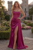 Strapless Appliqued Burgundy Corset Mermaid Long Prom Dress with Slit