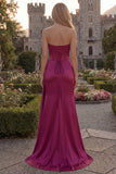 Strapless Appliqued Burgundy Corset Mermaid Long Prom Dress with Slit