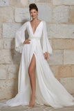 Ivory A Line V Neck Long Bell Sleeve Wedding Dress with Slit