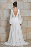 Ivory A Line V Neck Long Bell Sleeve Wedding Dress with Slit