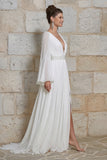 Ivory A Line V Neck Long Bell Sleeve Wedding Dress with Slit