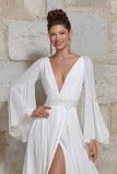 Ivory A Line V Neck Long Bell Sleeve Wedding Dress with Slit