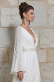 Ivory A Line V Neck Long Bell Sleeve Wedding Dress with Slit