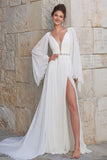 Beaded Ivory A Line V Neck Long Sleeve Wedding Dress with Slit