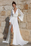Ivory A Line V Neck Beaded Sweep Train Long Sleeve Wedding Dress with Slit