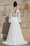 Ivory A Line V Neck Beaded Sweep Train Long Sleeve Wedding Dress with Slit