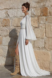 Ivory A Line V Neck Beaded Sweep Train Long Sleeve Wedding Dress with Slit