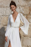 Ivory A Line V Neck Beaded Sweep Train Long Sleeve Wedding Dress with Slit