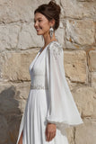 Ivory A Line V Neck Beaded Sweep Train Long Sleeve Wedding Dress with Slit