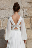 Ivory A Line V Neck Beaded Sweep Train Long Sleeve Wedding Dress with Slit