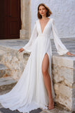 Ivory V Neck A Line Long Sleeve Wedding Dress with Slit