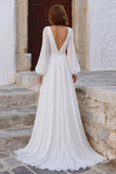 Ivory V Neck A Line Long Sleeve Wedding Dress with Slit