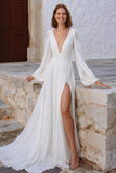 Ivory V Neck A Line Long Sleeve Wedding Dress with Slit