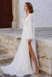 Ivory V Neck A Line Long Sleeve Wedding Dress with Slit