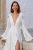 Ivory V Neck A Line Long Sleeve Wedding Dress with Slit