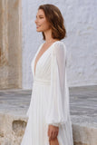 Ivory V Neck A Line Long Sleeve Wedding Dress with Slit