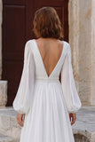 Ivory V Neck A Line Long Sleeve Wedding Dress with Slit