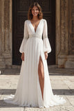 Ivory V Neck Beaded A Line Long Sleeve Wedding Dress with Slit