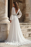 Ivory V Neck Beaded A Line Long Sleeve Wedding Dress with Slit