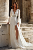 Ivory V Neck Beaded A Line Long Sleeve Wedding Dress with Slit