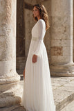 Ivory V Neck Beaded A Line Long Sleeve Wedding Dress with Slit