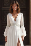 Ivory V Neck Beaded A Line Long Sleeve Wedding Dress with Slit