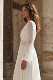 Ivory V Neck Beaded A Line Long Sleeve Wedding Dress with Slit