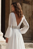 Ivory V Neck Beaded A Line Long Sleeve Wedding Dress with Slit
