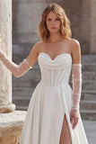 Sweetheart Ivory A Line Corset Long Wedding Dress with Slit (Without Gloves)