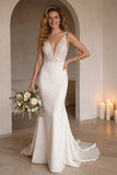 Ivory Memaid V Neck Lace Backless Long Wedding Dress