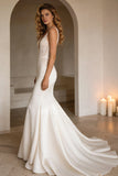 Ivory Memaid V Neck Lace Backless Long Wedding Dress