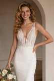 Ivory Memaid V Neck Lace Backless Long Wedding Dress
