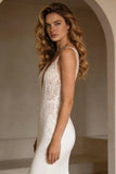 Ivory Memaid V Neck Lace Backless Long Wedding Dress