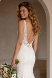 Ivory Memaid V Neck Lace Backless Long Wedding Dress