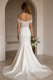 Off The Shoulder Ivory Mermaid Corset Satin Long Wedding Dress with Sweep Train