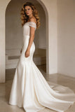 Off The Shoulder Ivory Mermaid Corset Satin Long Wedding Dress with Sweep Train