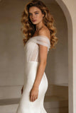 Off The Shoulder Ivory Mermaid Corset Satin Long Wedding Dress with Sweep Train