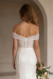 Off The Shoulder Ivory Mermaid Corset Satin Long Wedding Dress with Sweep Train