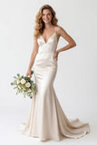 Ivory Mermaid Satin Spaghetti Straps Long Wedding Dress